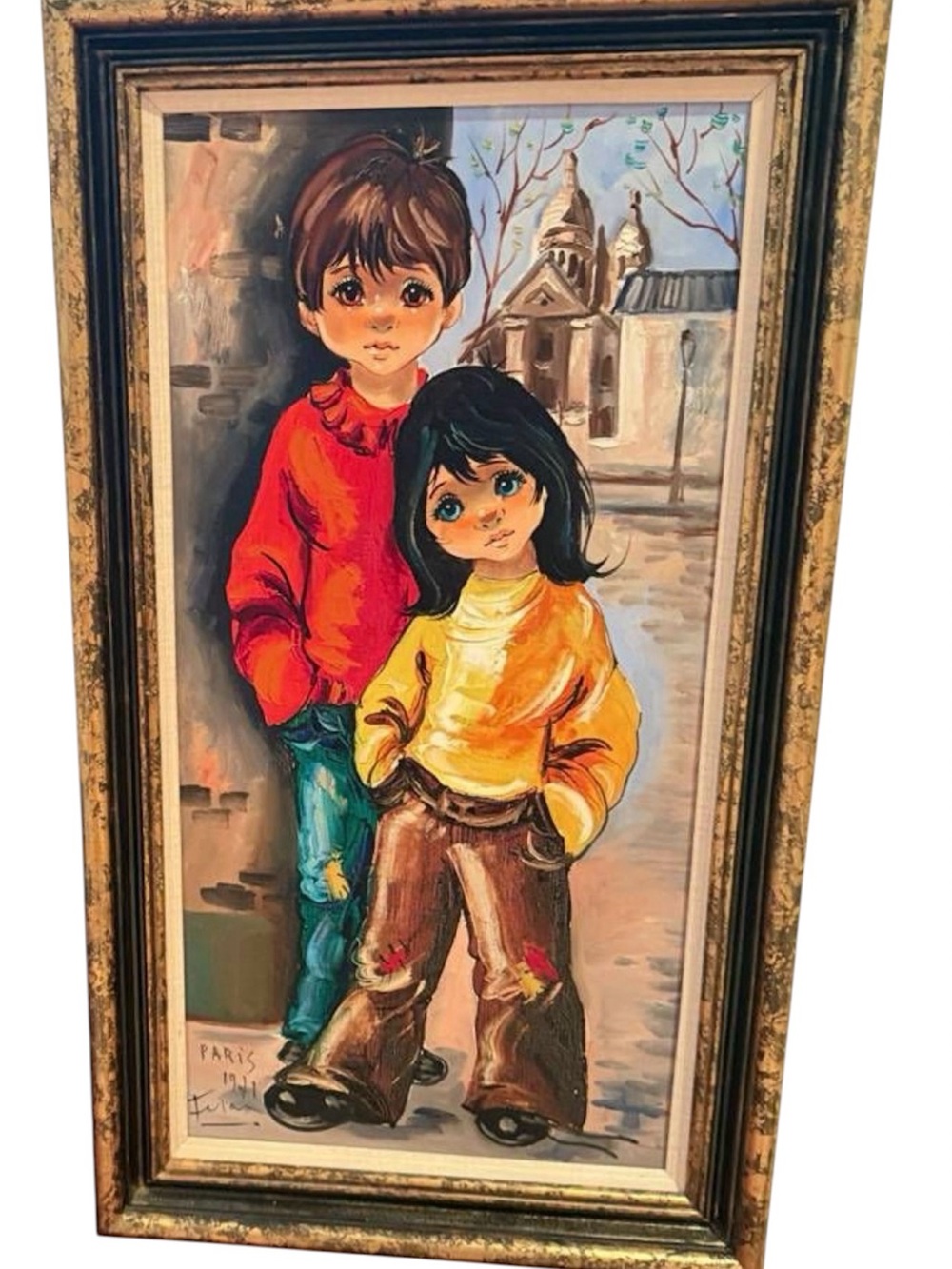 Vintage Paris  French Artist - Claude Feran 12"x 24". Signed  Big Eyes Painting